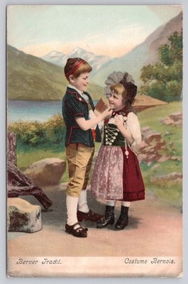Vintage Berner Tracht Swiss Costume Postcard Children Alps Lake c.1910s