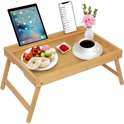 Klappbares Bambus Bettitablett mit Griffen Tablet Halter Laptoptisch Küche - Bild 1 von 4