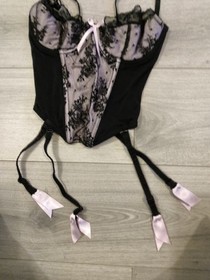 Ann Summers Black & Light Pink Satin Lace & Mesh Suspender Basque Size 36B