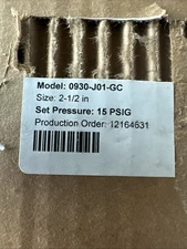 KUNKLE 2 1/2" Safety Pressure RELIEF VALVE /15 PSIG- MODEL 930 -0930-J01-GC0015
