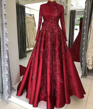 NEW Burgundy High Neck A-Line Long Sleeve Beaded Gown Prom Wedding Dress Size 12
