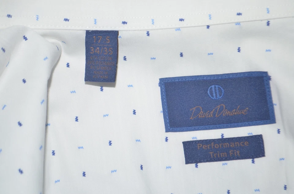 Camisa de vestir DAVID DONAHUE ajuste elástico rendimiento blanco azul 17,5 34/35 Foto 3 de 3