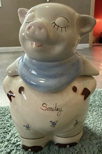 Rare SMILEY PIG COOKIE JAR BLUE SCARF VINTAGE 1940s SHAWNEE POTTERY 11.5"