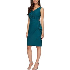 Alex Evenings Womens Teal Blue Surplice Sheath Dress with Rhinestone Brooch 8