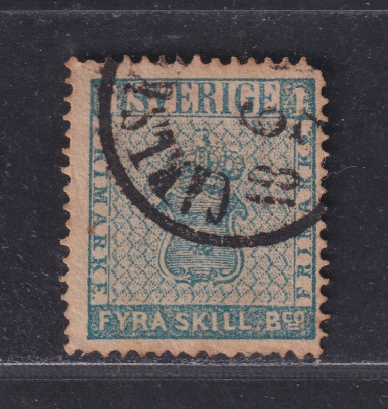 Sweden Scott 2a Used 1855 4 Skilling Blue Coat of Arms SCV $80.00