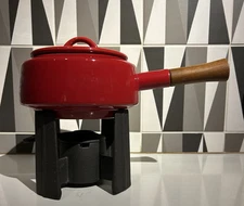 Dansk Kitchen Bistro Red Fondue Pot Set, w/Cast Iron Burner Stand, MINT