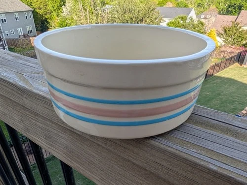 VINTAGE MCCOY PINK & BLUE STRIPE POTTERY SOUFFLE BOWL 6.75 INCH 0143 MADE IN USA