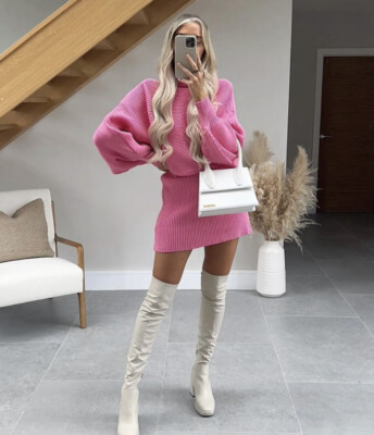 Ensemble pull col haut rose et mini jupe tricot Zara taille S neuf