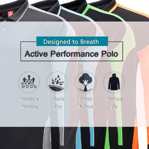Work Polo Shirts Long Sleeve hi vis panel chest pocket quick dry Black Blue Pink - Picture 40 of 58