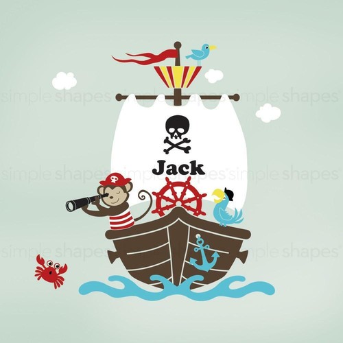 Monkey with Pirate Ship Wall Decal Set - Personalized Name - Picture 3 of 7
