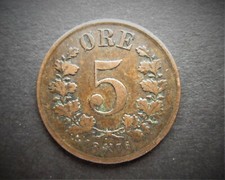 NORWAY BRONZE 5 ORE 1876  / SNIFF'S  ANCIENT COINS T-4