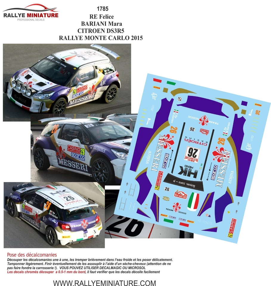 RALLYE MINIATURE DECALS 1/24 REF 1785 CITROEN DS3 RE RALLYE MONTE CARLO 2015 WRC RALLY