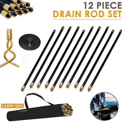 CRYSTALS 12 Piece Drain Rod Set 9m Plumbing Cleaning Unblock Drainage Worm Screw Plunger