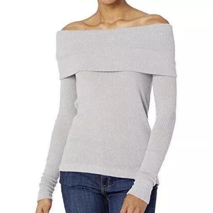 Free People Sweater M Snowbunny Gray Off Shoulder Rib Knit Pullover NWT KE17