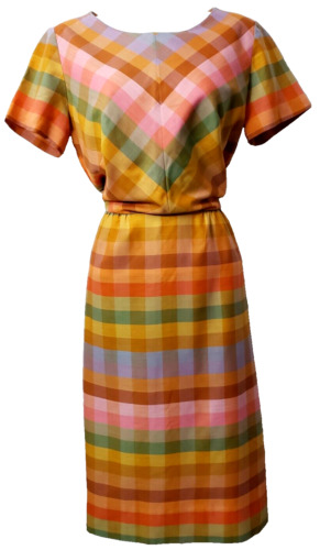 VTG 60s Easter Plaid Dress M 6 8 Yellow Rainbow Sh