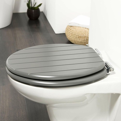 Wood Wooden Grey Toilet Seat Strong Silver Hinges Loo Seats Fittings Included - Picture 3 of 5