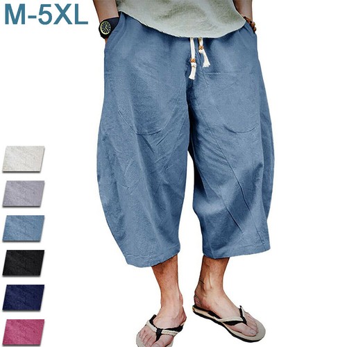 VANVENE Homme 3/4 Short Cargo d'été décontracté en Coton et Lin pour de Plage Ample à Cordon Pantalon de à élastique Shorts Bleu Marin S