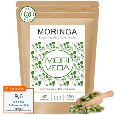 MORIVEDA Moringa Capsule 500mg – 60 Giorni di scorta, Vegan, 90+ Nutrienti, Senza Glutine