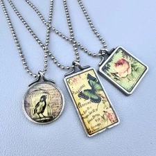Romantic Vintage Style Resin Pendant Art Collage Necklace Chain Signed Lot 3pc