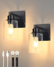 Battery Operated Wall Sconce Set of 2, Black Rechargeable Wall Lights with Ti...