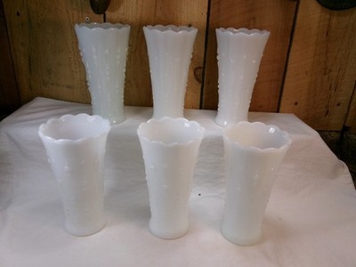 Lot of 6 Vintage Anchor Hocking Milk Glass Tear Drop and Pearls 7.25'' Vases