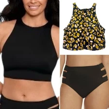 Beach Betty 3 Pc Bikini Set Black Swim Top & Bottom & Leopard Crop Top Size M/L