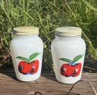 Vintage 50s Anchor Hocking Fire King Apple Salt & Pepper Shakers Milk Glass