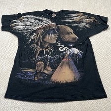 Vintage Liquid Blue Shirt Men 2XL Black Native American Wolves Bear AOP 1998