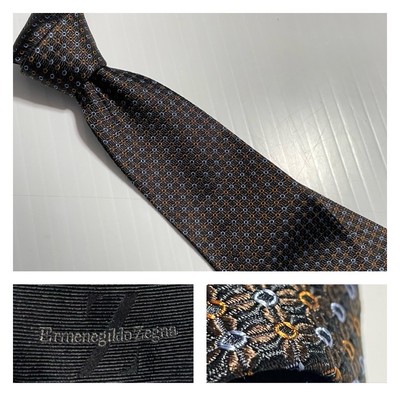 ERMENEGILDO ZEGNA Italy Brown Bronze Blue Orange Neat Woven Silk Tie