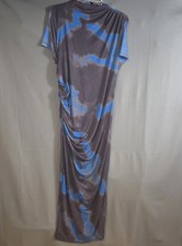 Ruched Mesh Cowl-Neck Sheath Dress Womens XL Brown Blue Abstract Midi Fitted