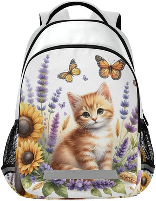 Cat Backpack for Students Boys Girls Ginger Kitten Lavender Flowers School Bag T