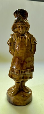 Antique Rockingham / Bennington Glaze Stoneware Figurine Girl w/ Bonnet & Apron