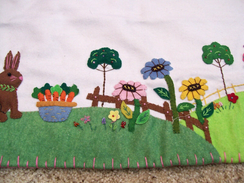 42" Handmade Wool Flannel Beaded Flowers White RABBIT Bunny EASTER Table Runner - Picture 4 of 15