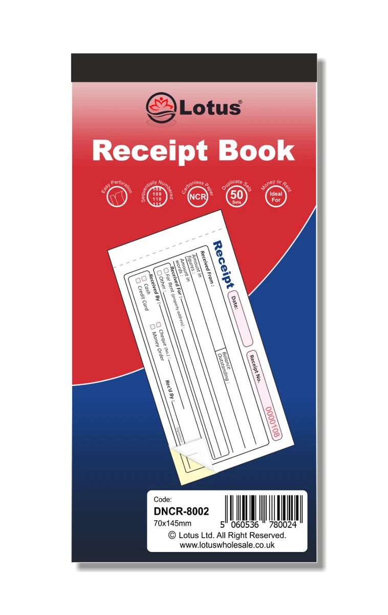 Lotus NCR Receipt Book Duplicate Voucher Pad - 70 x 140mm, 50 Sets  