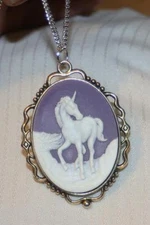 Rippled Wiry Rim Violet & White Prancing Unicorn Silvertone Pendant Necklace