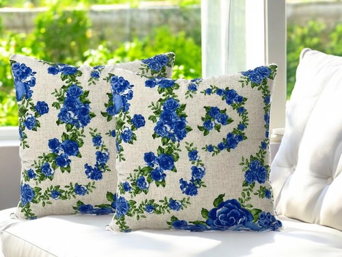 Blue Green Rose Shabby Chic Floral Cushion Covers 16x16" 40X40cm - Set of 4 - Picture 7 of 13