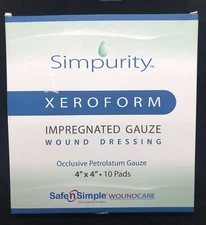 10 pk Safe N Simple Simpurity Xeroform Impregnated Gauze SNS58844 4x4 Exp 12/26