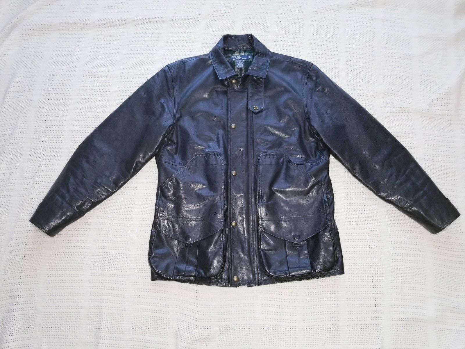 POLO RALPH LAUREN MEN MEDIUM LEATHER JACKET WOOL LINING 7 POCKETS BIKER VINTAGE image 5