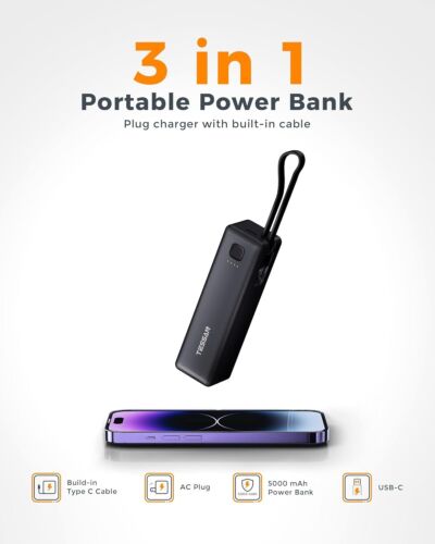 Portable Charger Power Bank 20W Fast Charging Built-in Cable USB C 5000mAh AC - Picture 4 of 8