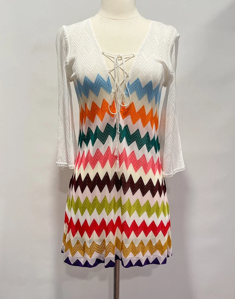 MISSONI MARE White Multicolored Chevron Knit Coverup Tunic Dress IT 38 US 2 - Image 2 of 4