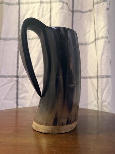 Horn 7” Handcrafted Viking Style Tankard Black Brown with Wooden Base