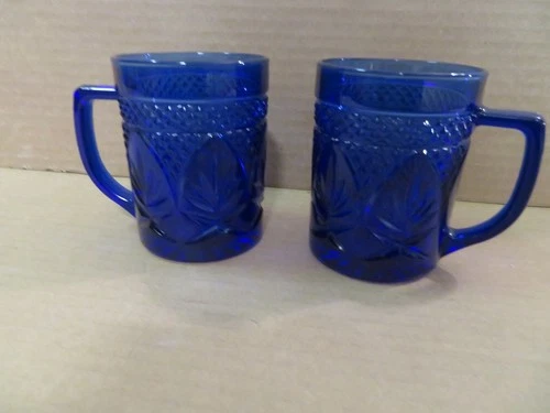 💙 Vintage Cobalt Blue Glass Mugs Set Of 2 Cups Made In France 💙