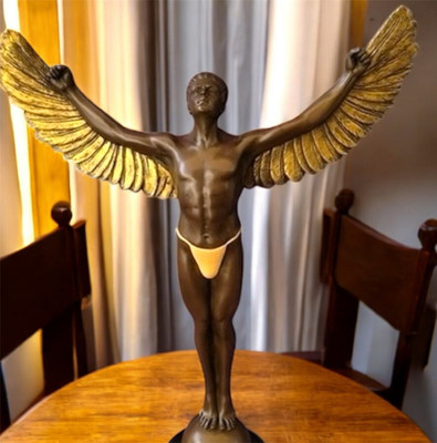 Icarus Bronze Sculpture Statue Art Winged Signed Nude Marble Deco Man Greek Rare