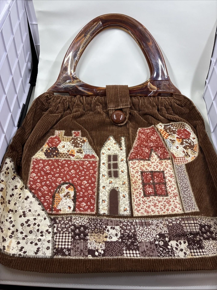 Bolso de Mano de Pana de Colección, Asa de Acrílico, Casa Acolchada Marrón Otoño **Manchas Como Se Muestra* Foto 2 de 4