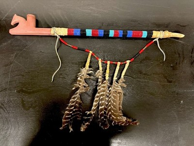 Crow Nation Native American Peace Pipe Horse Effigy Turkey Feathers Pipestone