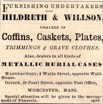 Hildreth & Willson Metallic Burial Cases 1871 Worcester MA Clipping TAJ8-S63