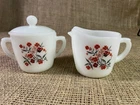 Fire King, Primrose Sugar Bowl w/Lid & Creamer, Vintage Milk Glass MCM