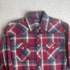 Vintage wrangler pearl snap western button up shirt plaid cowboy 90s L