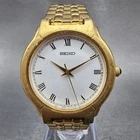 Seiko Watch Men 32mm White Dial God Tone Round V701-2b60 New Battery