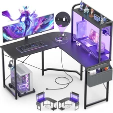 Small L Shaped Gaming Desk with Power Outlets, Corner Gaming Desk with LED Li...